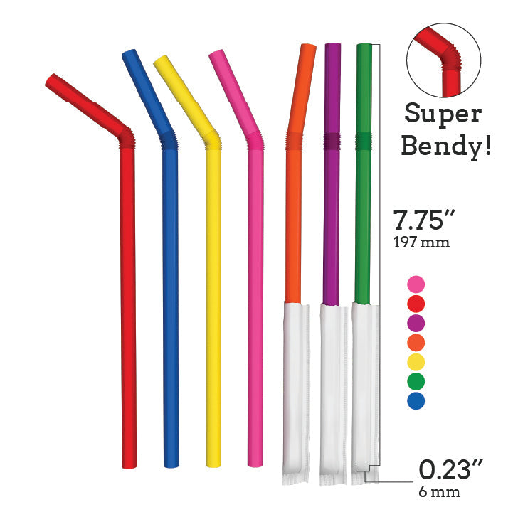 Colorful paper wrapped plastic flexible straws with bendable necks, 7.75 inches long and individually wrapped for hygiene