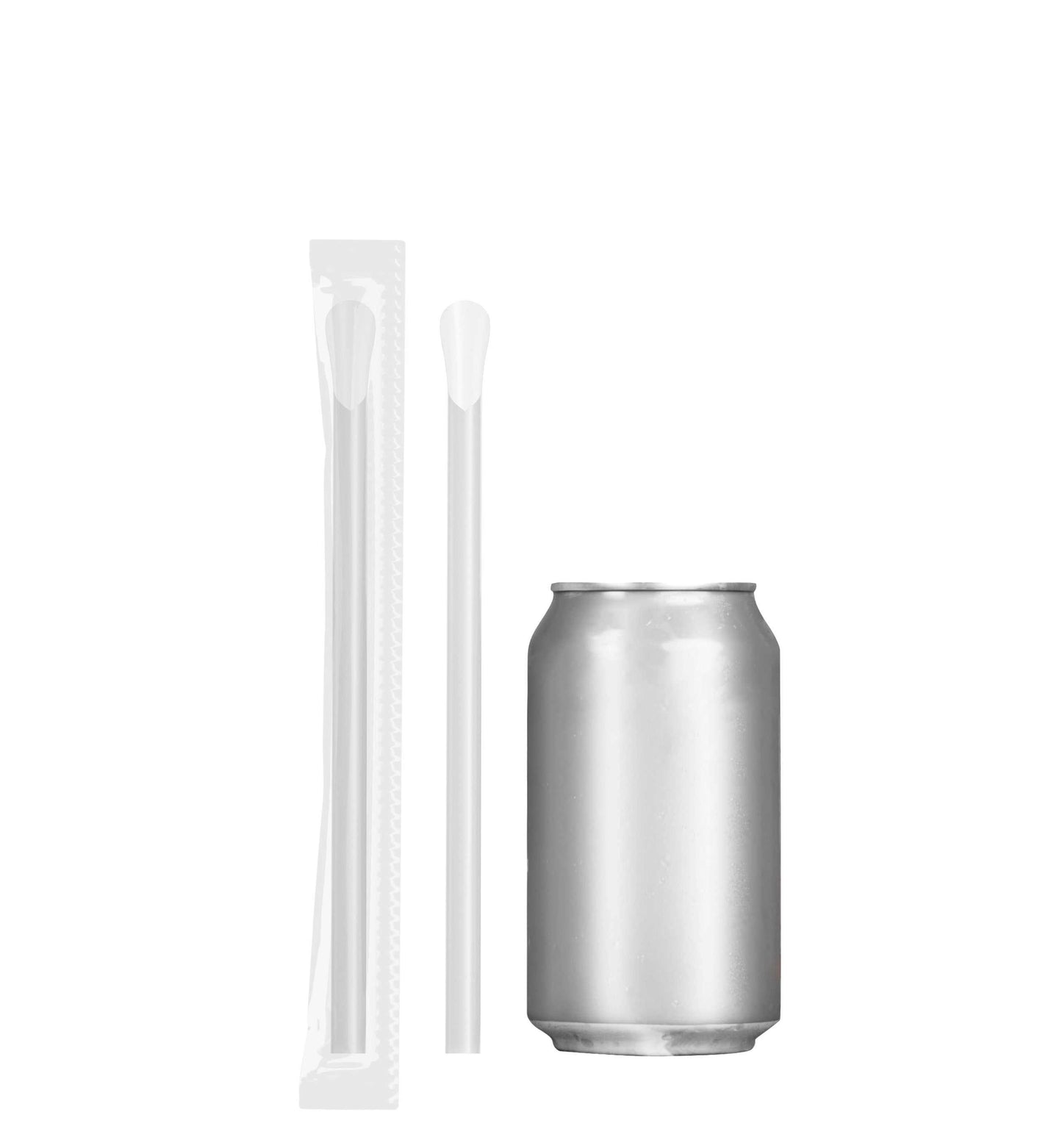 Clear wide spoon straws with scoop end next to a silver soda can for size comparison