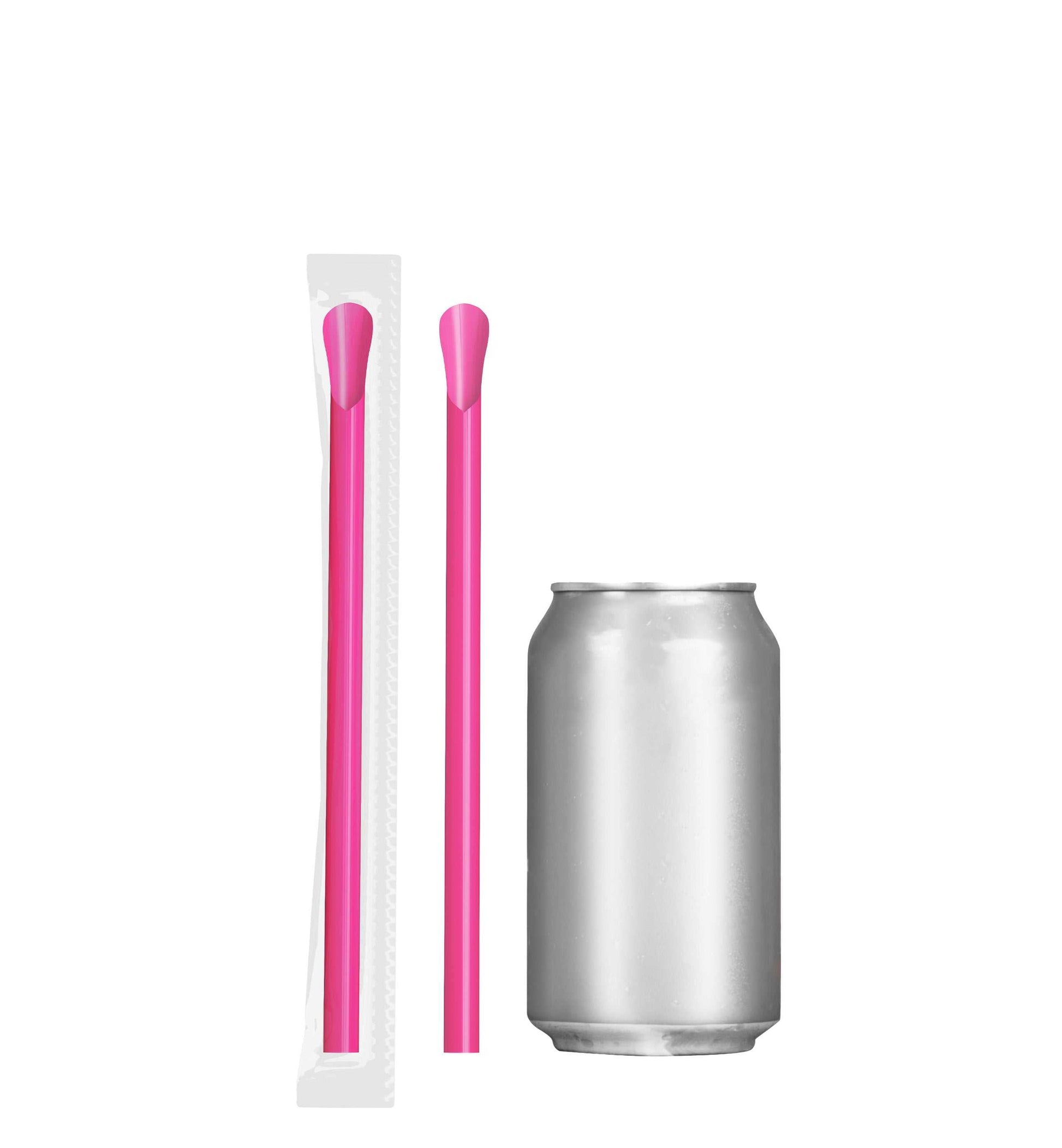 Case - 1000 4 x 250 pink scoop straws 7.75 inch wide diameter next to soda can