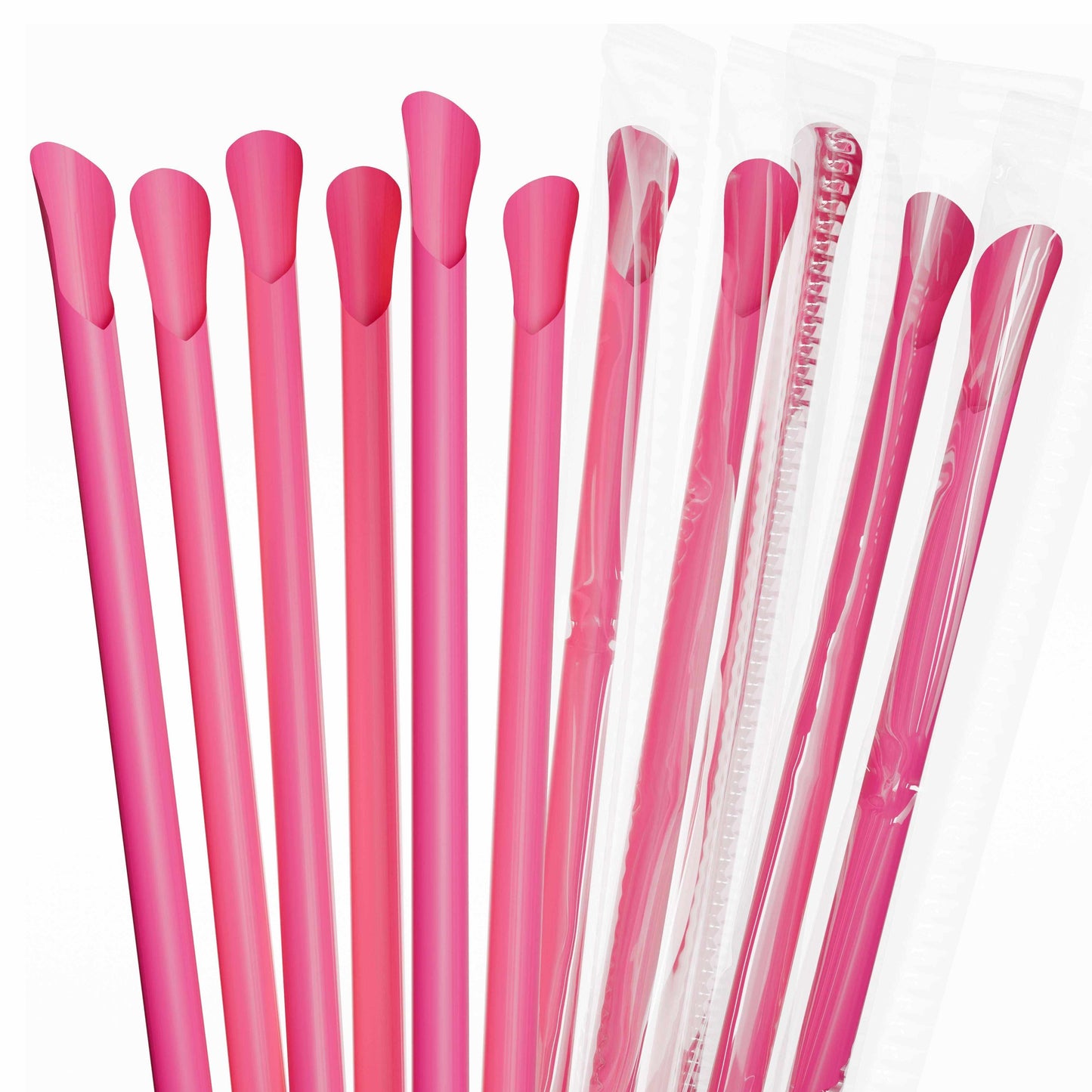 Film Wrapped Super Huge Wide Spoon Straws Case - 1000 4 x 250 pink wide scoop end straws for slushies and smoothies, 7.75 inch length, 0.35 inch diameter, film wrapped and unwrapped options.