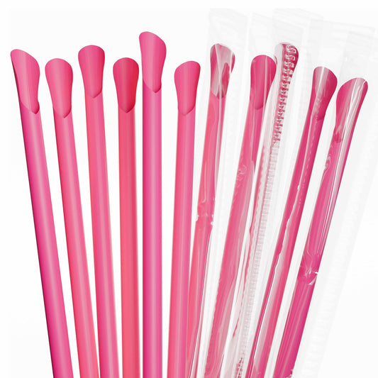 Film Wrapped Super Huge Wide Spoon Straws Case - 1000 4 x 250 pink wide scoop end straws for slushies and smoothies, 7.75 inch length, 0.35 inch diameter, film wrapped and unwrapped options.