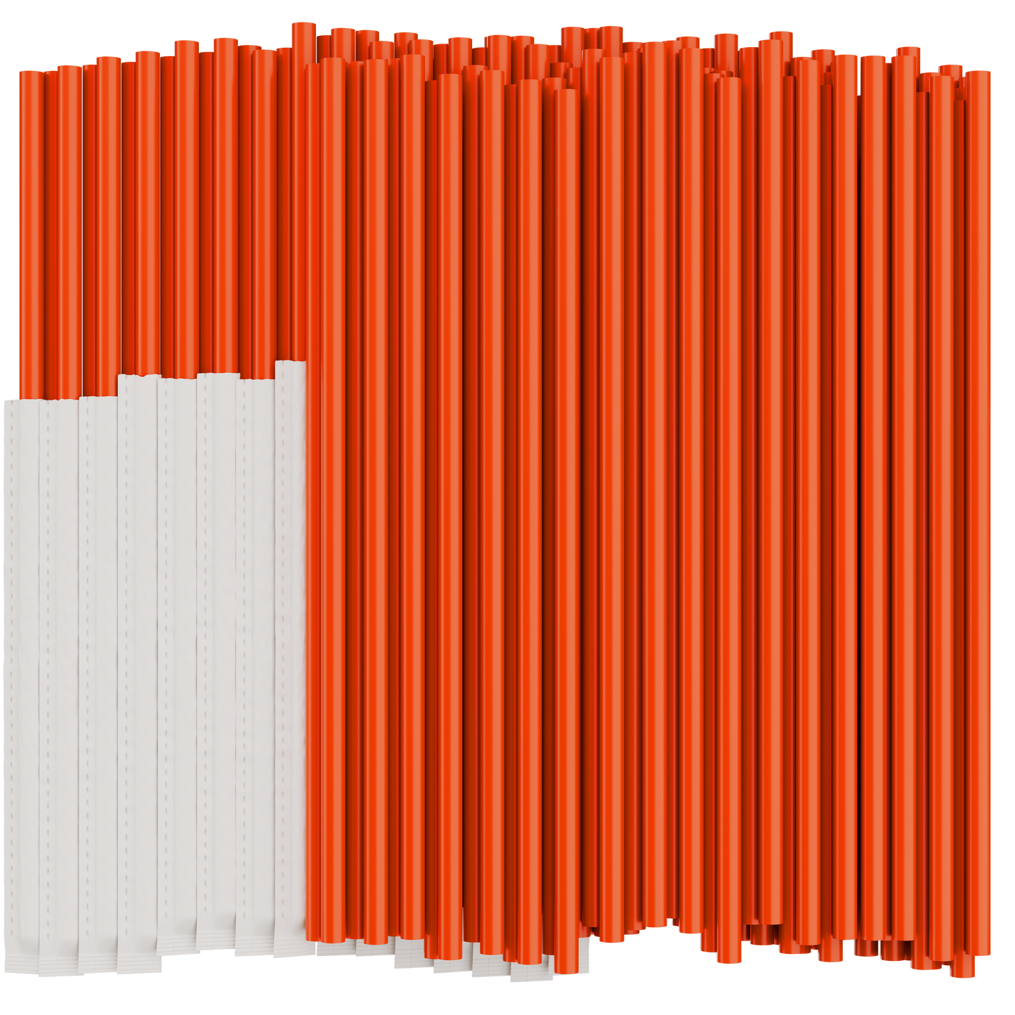 Orange plastic drinking straws on a white background. Half of the straws are individually wrapped in paper.