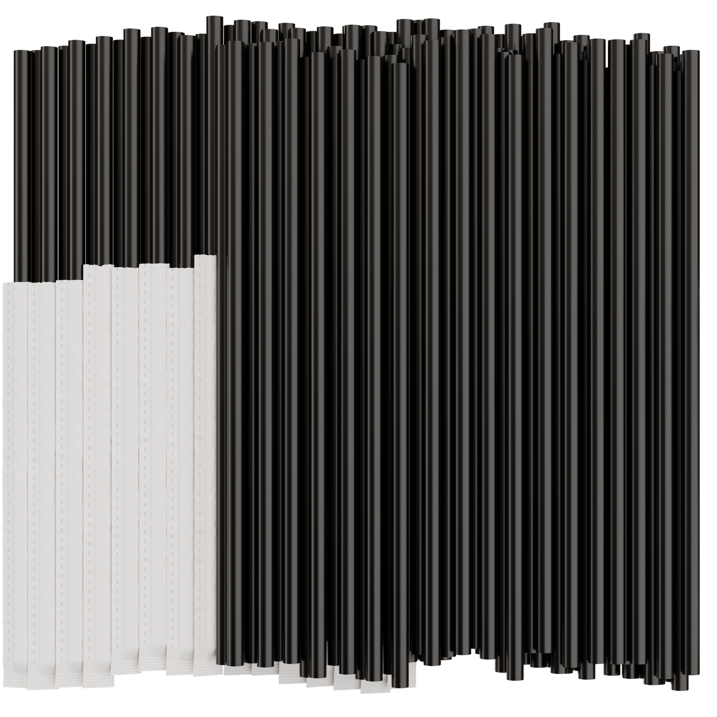 Black plastic drinking straws on a white background. Half of the straws are individually wrapped in paper.