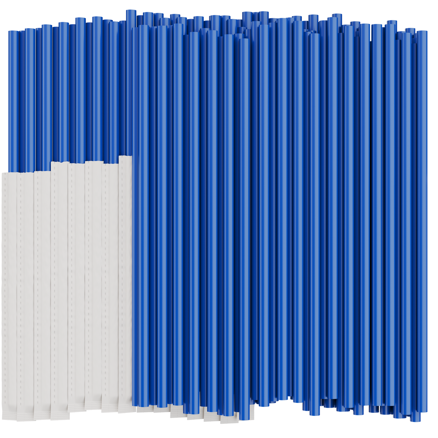 A group of blue plastic drinking straws that measure 10 inches by 0.28 inches. Half of them are displayed individually wrapped in paper.
