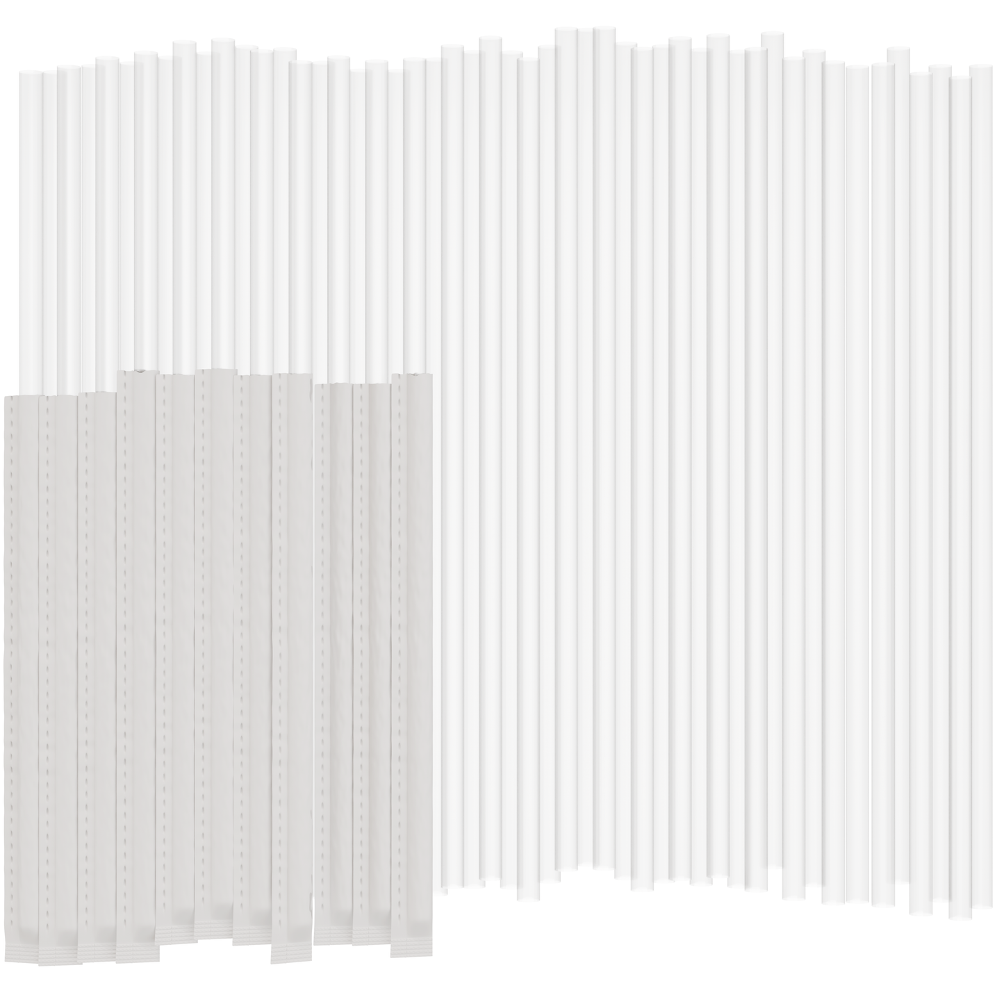 Clear plastic drinking straws on a white background. Half of the straws are individually wrapped in paper.
