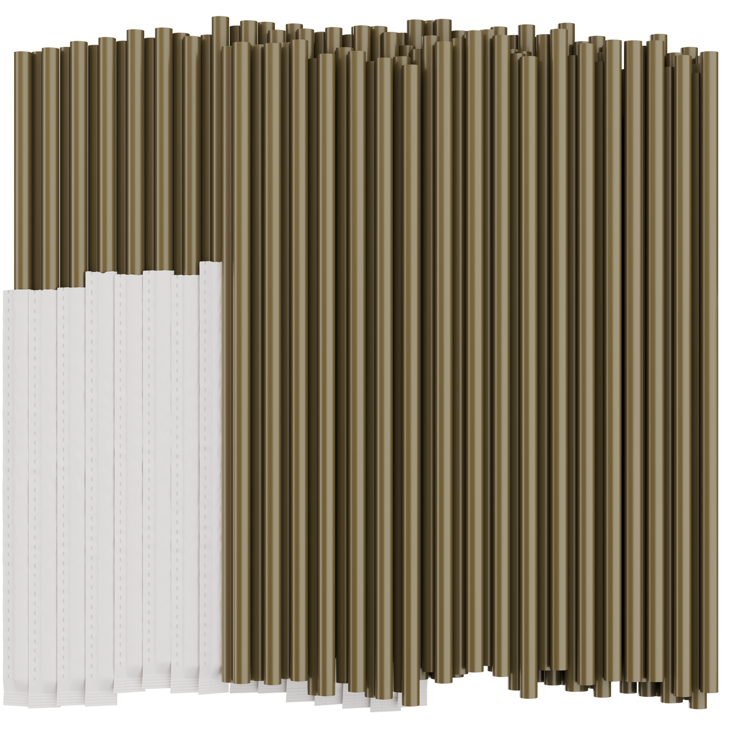 Gold plastic drinking straws on a white background. Half of the straws are individually wrapped in paper.