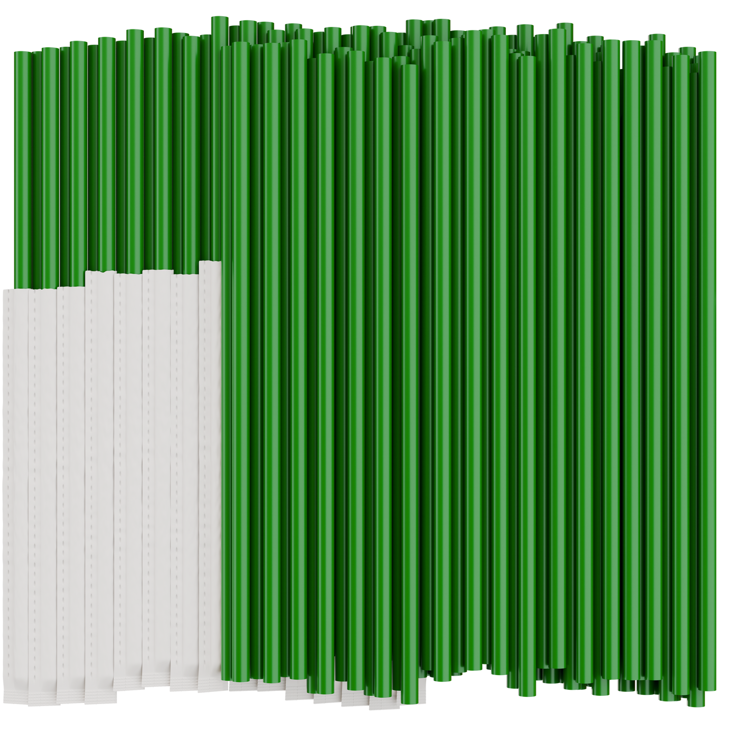 Green plastic drinking straws on a white background. Half of the straws are individually wrapped in paper.