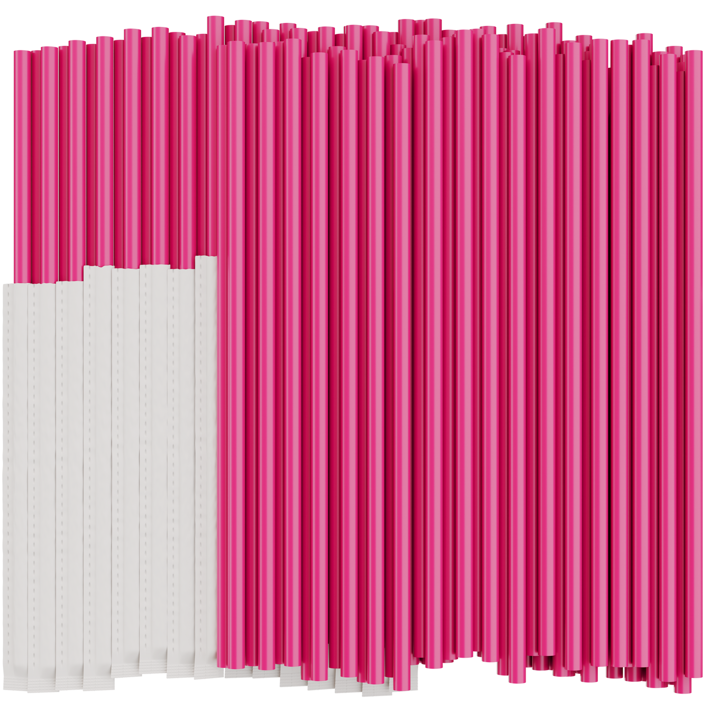 A group of pink, plastic drinking straws. Half of them are individually wrapped in paper.