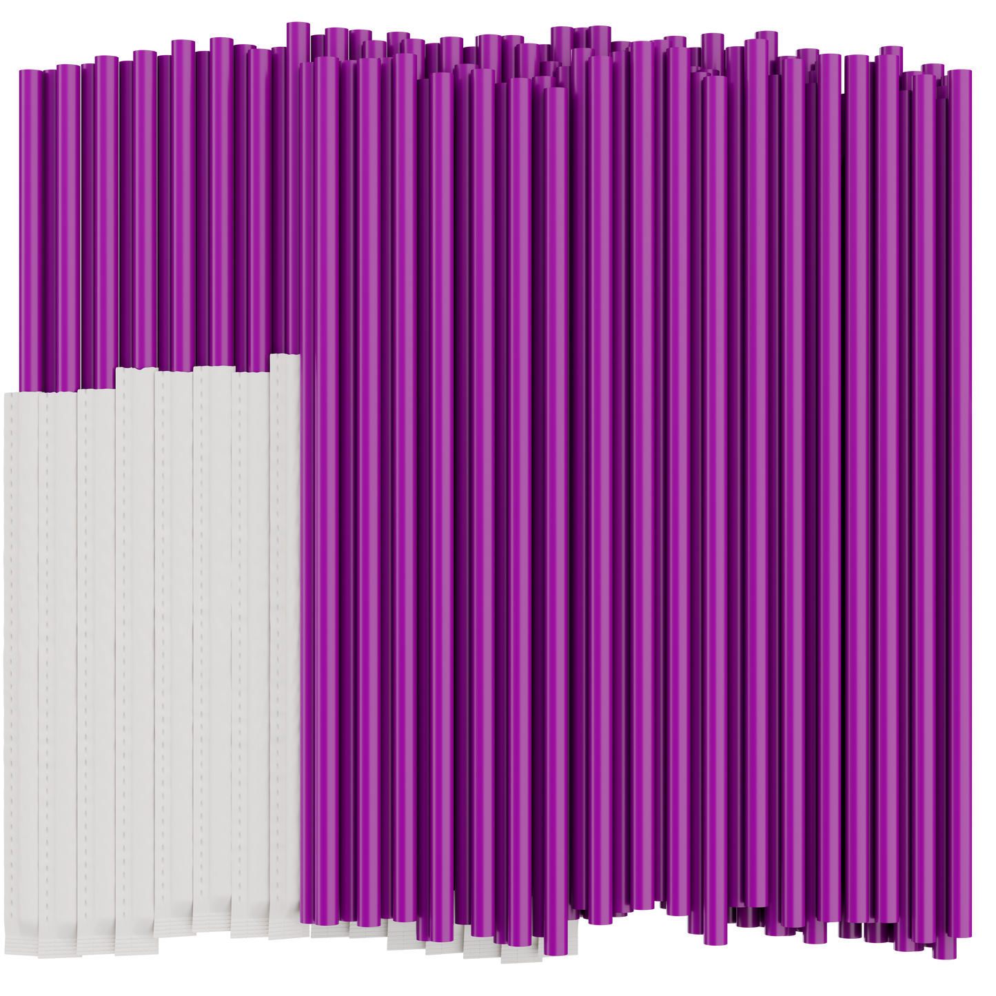 Purple plastic drinking straws on a white background. Half of the straws are individually wrapped in paper.
