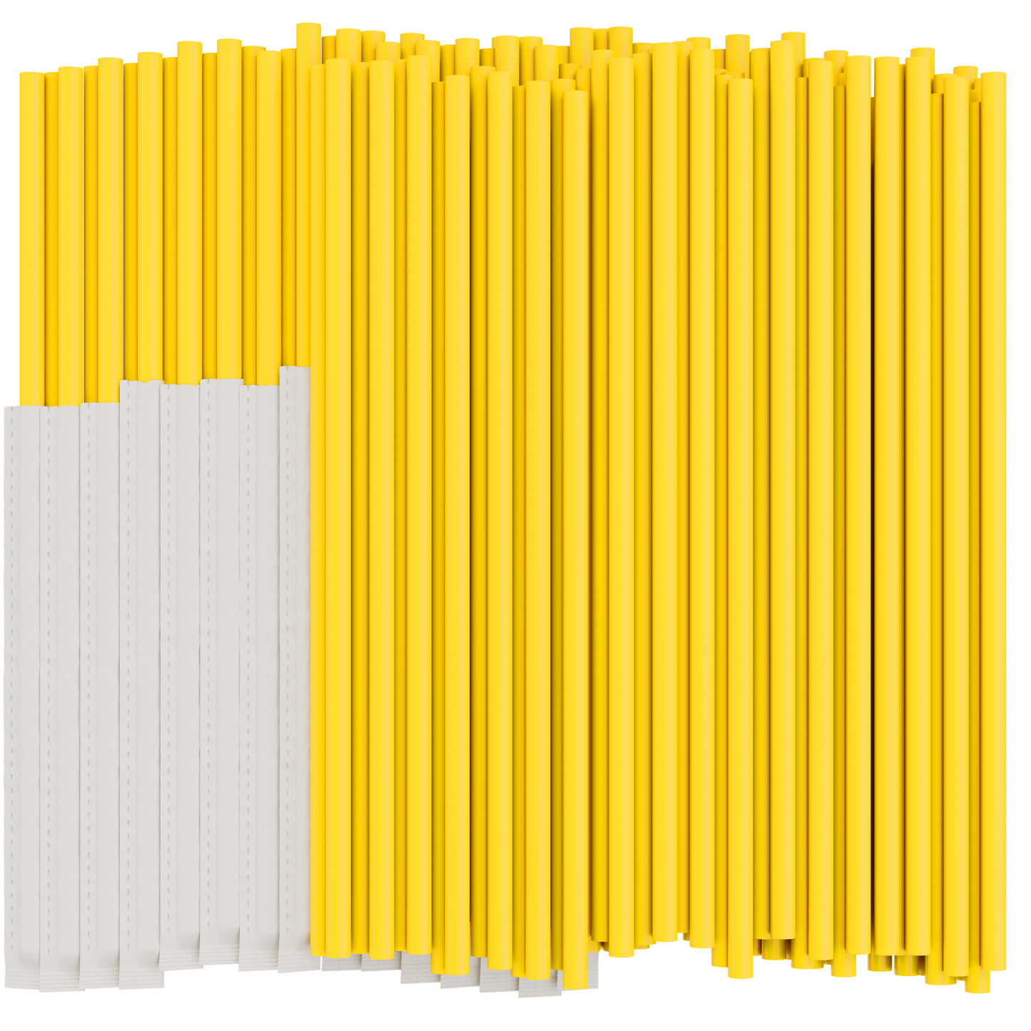 Yellow plastic drinking straws on a white background. Half of the straws are individually wrapped in paper.