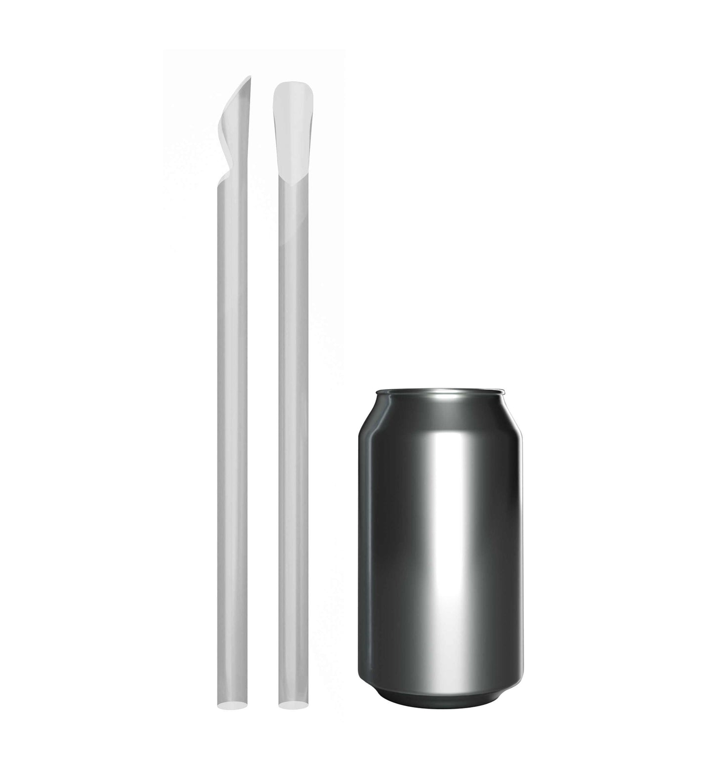 Clear scoop straws with wide spoon end next to silver aluminum can for frozen drinks