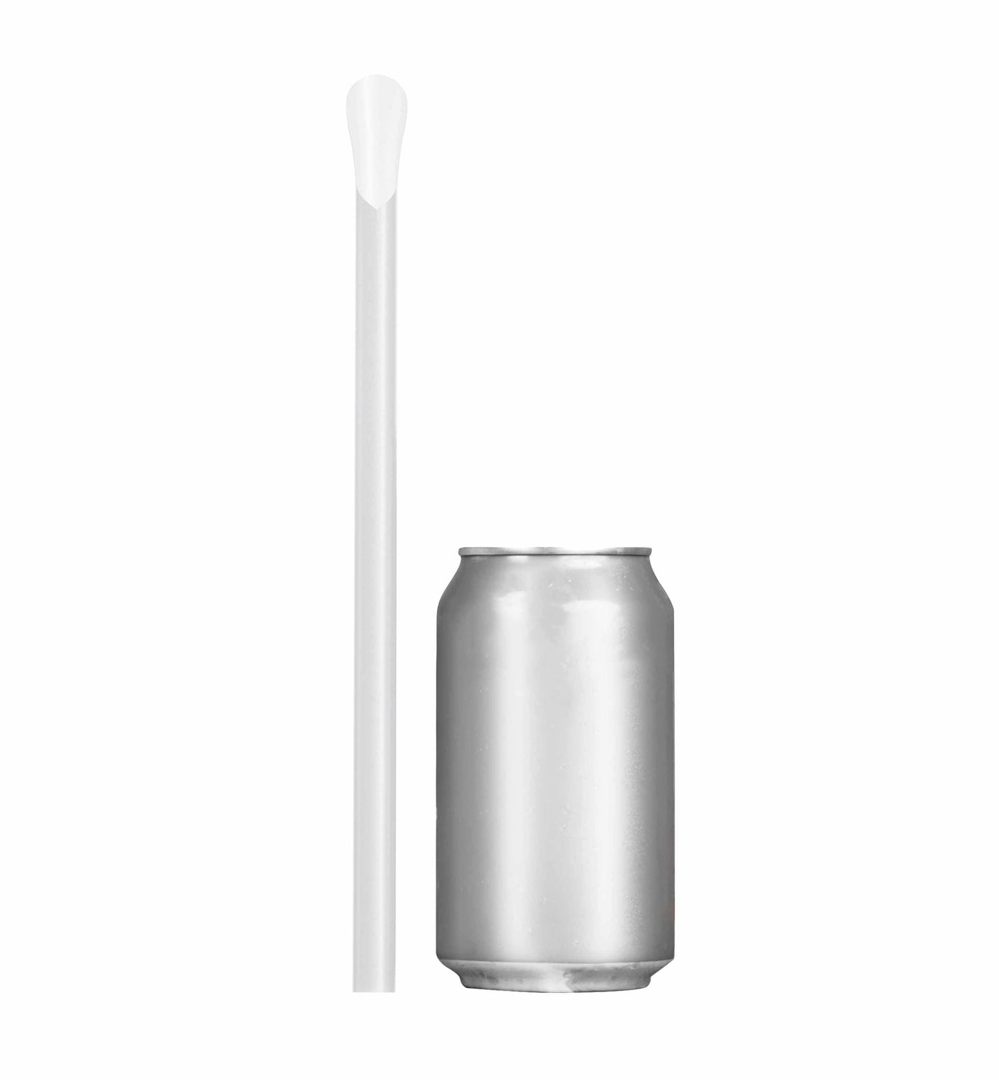 Clear scoop straw with wide 0.5 inch diameter next to silver soda can for size comparison