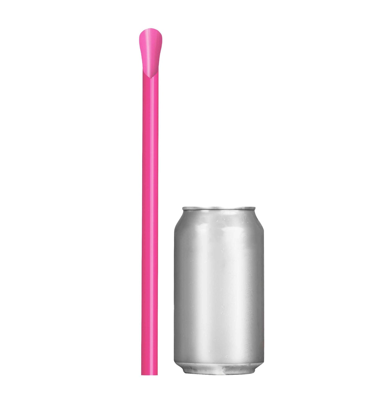 Pink super huge wide spoon straw next to silver soda can for size comparison