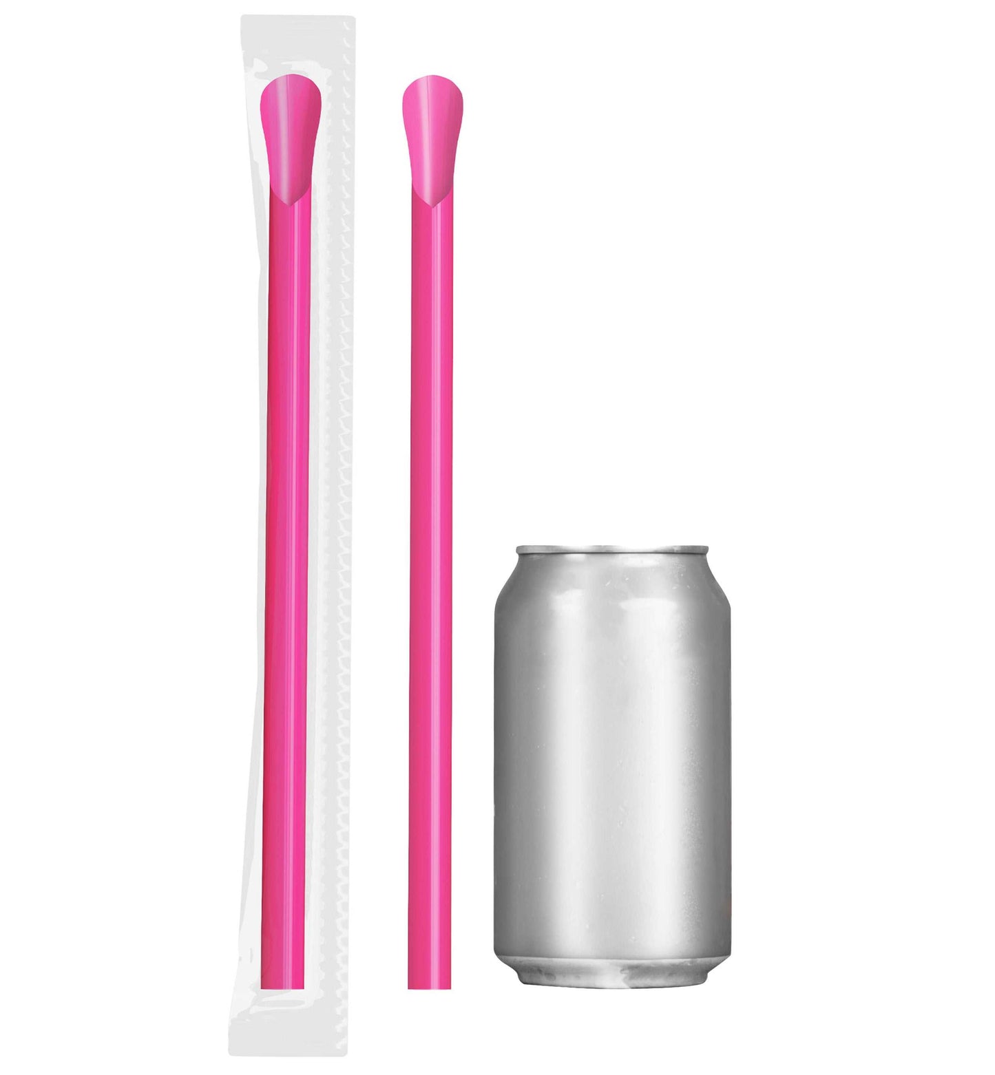 Film Wrapped Super Huge Wide Spoon Straws Soda can with two pink plastic spoon (snow cone) straws on a white background. One of them is unwrapped and the other is individually wrapped in clear plastic.