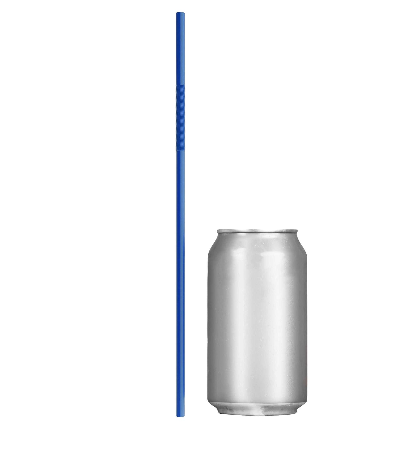 Blue 13-inch extra flexible art straw next to silver soda can, showing extended flexible section for kids to fidget with