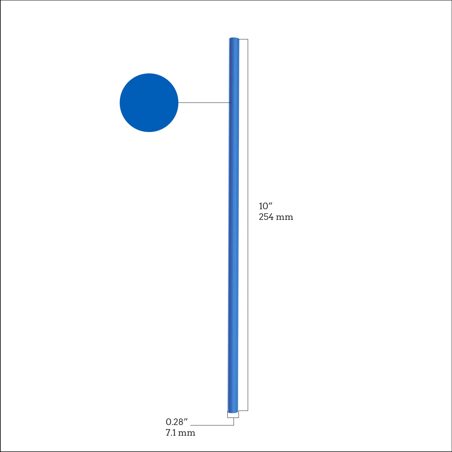 Measurement chart of a blue plastic drinking straw. The straw measures 10 inches tall by 0.28 inches in diameter.