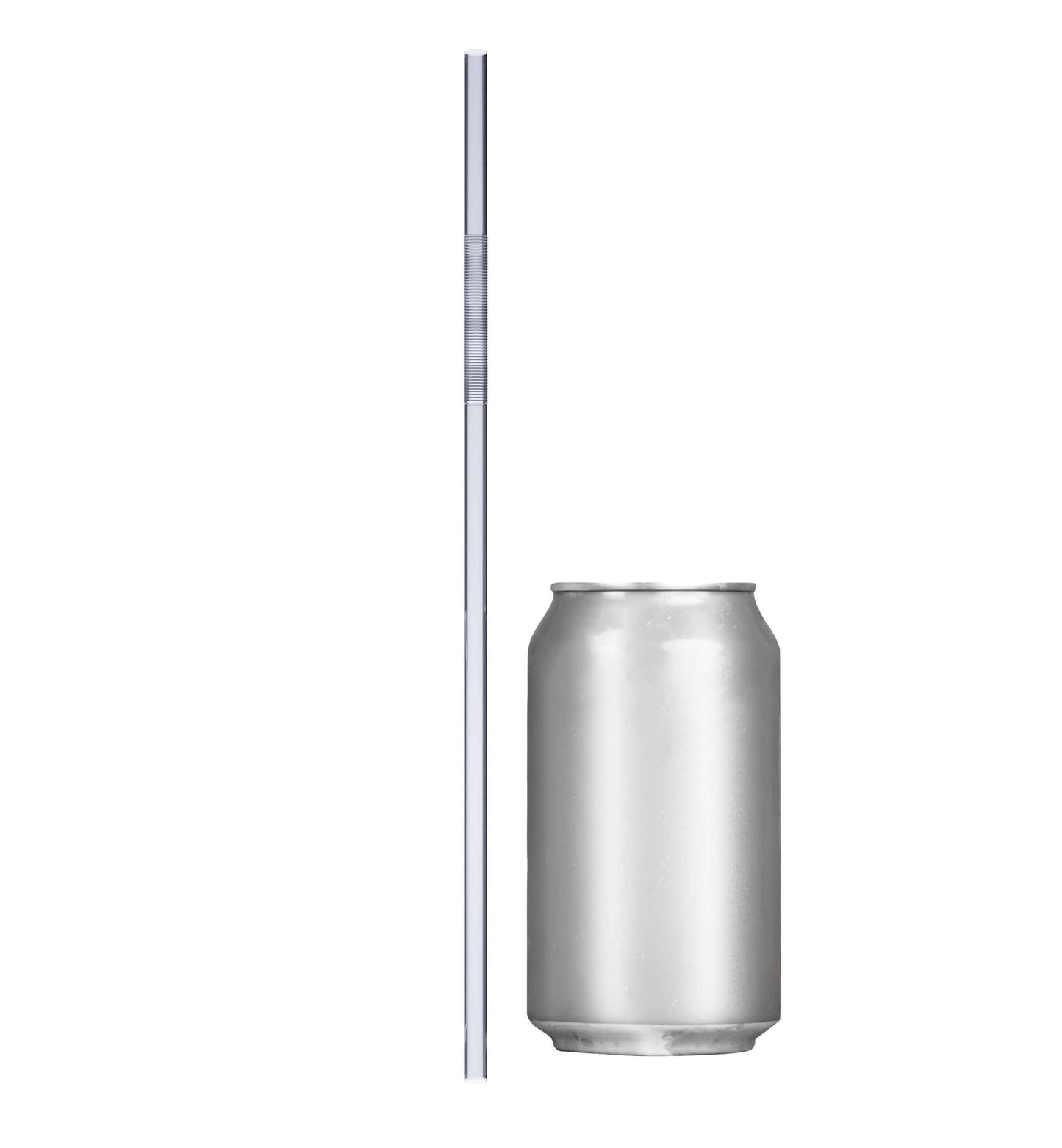 Clear extra flexible art straw 13 inch next to soda can for size comparison