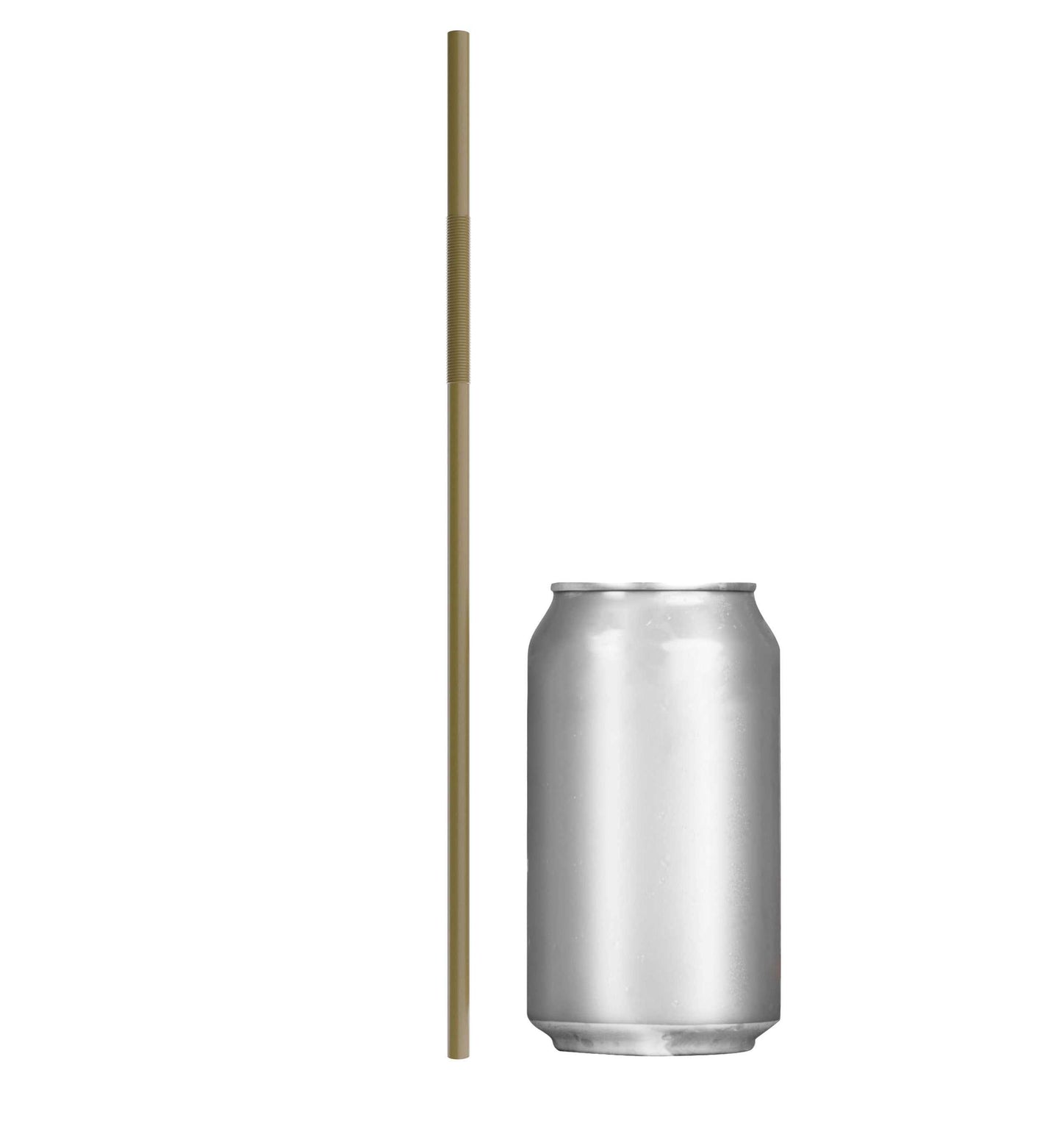 Gold extra flexible art straw next to silver soda can for size comparison