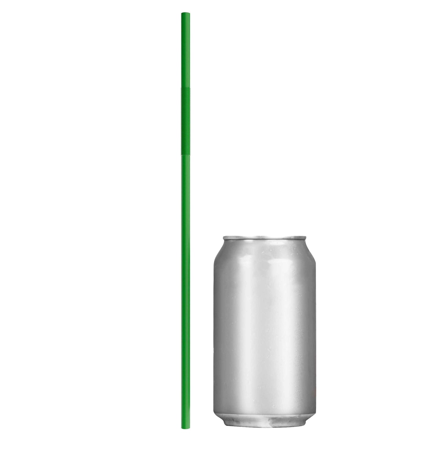 Green extra flexible art straw 13 inches next to silver soda can
