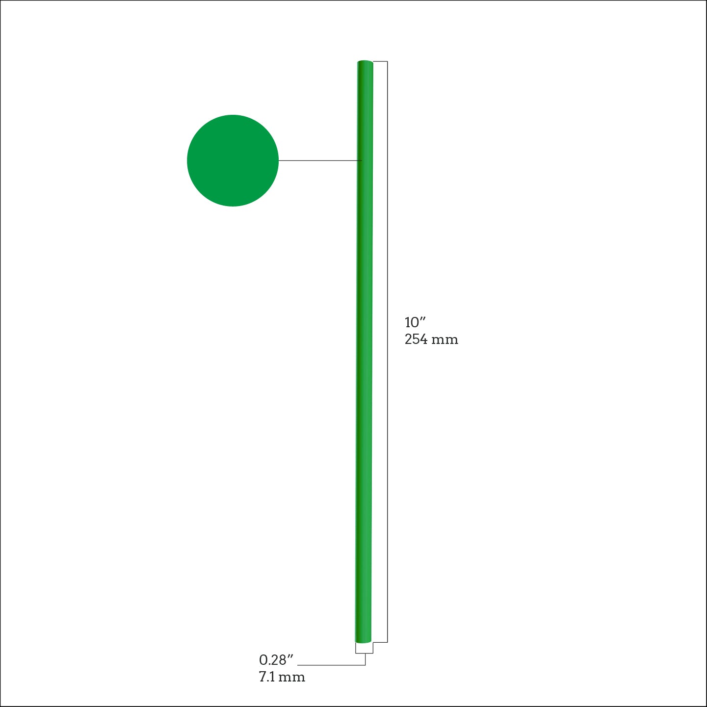 Diagram of a green, plastic drinking straw measuring 10 inches tall by 0.28 inches in diameter.