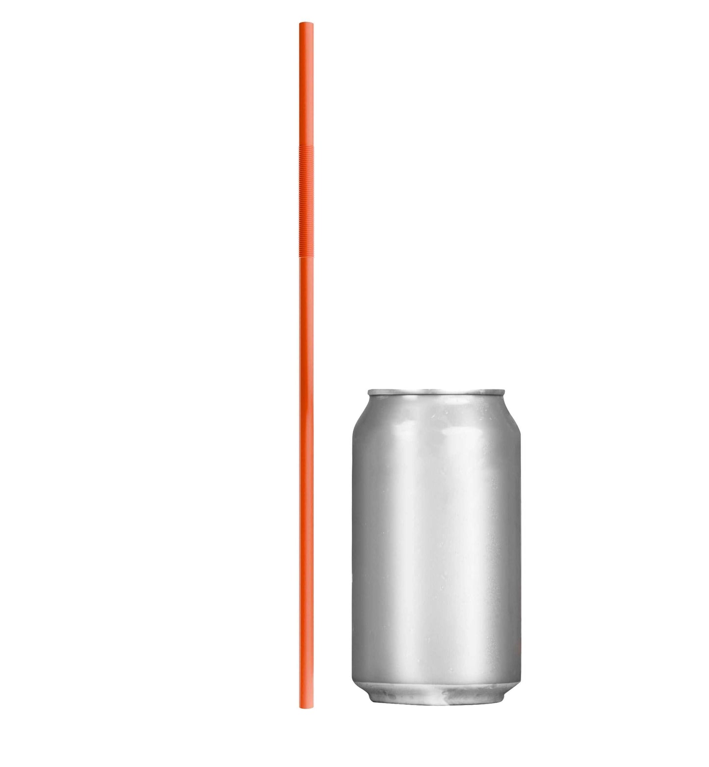 Orange extra flexible art straw next to a soda can for size comparison