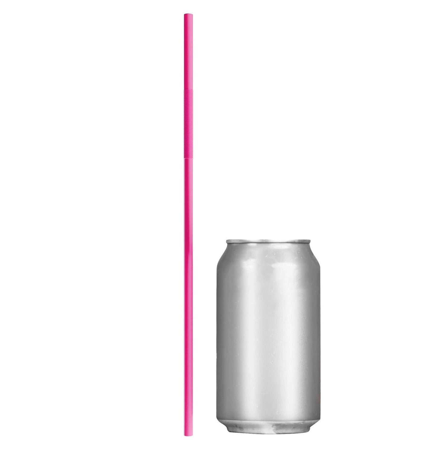 Pink extra flexible art straw next to silver soda can for size comparison