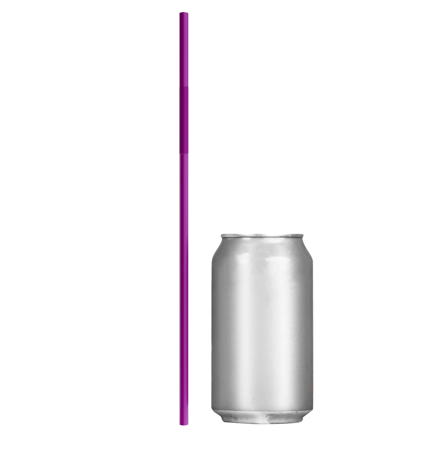 Purple extra flexible art straw 13 inches next to soda can for size comparison
