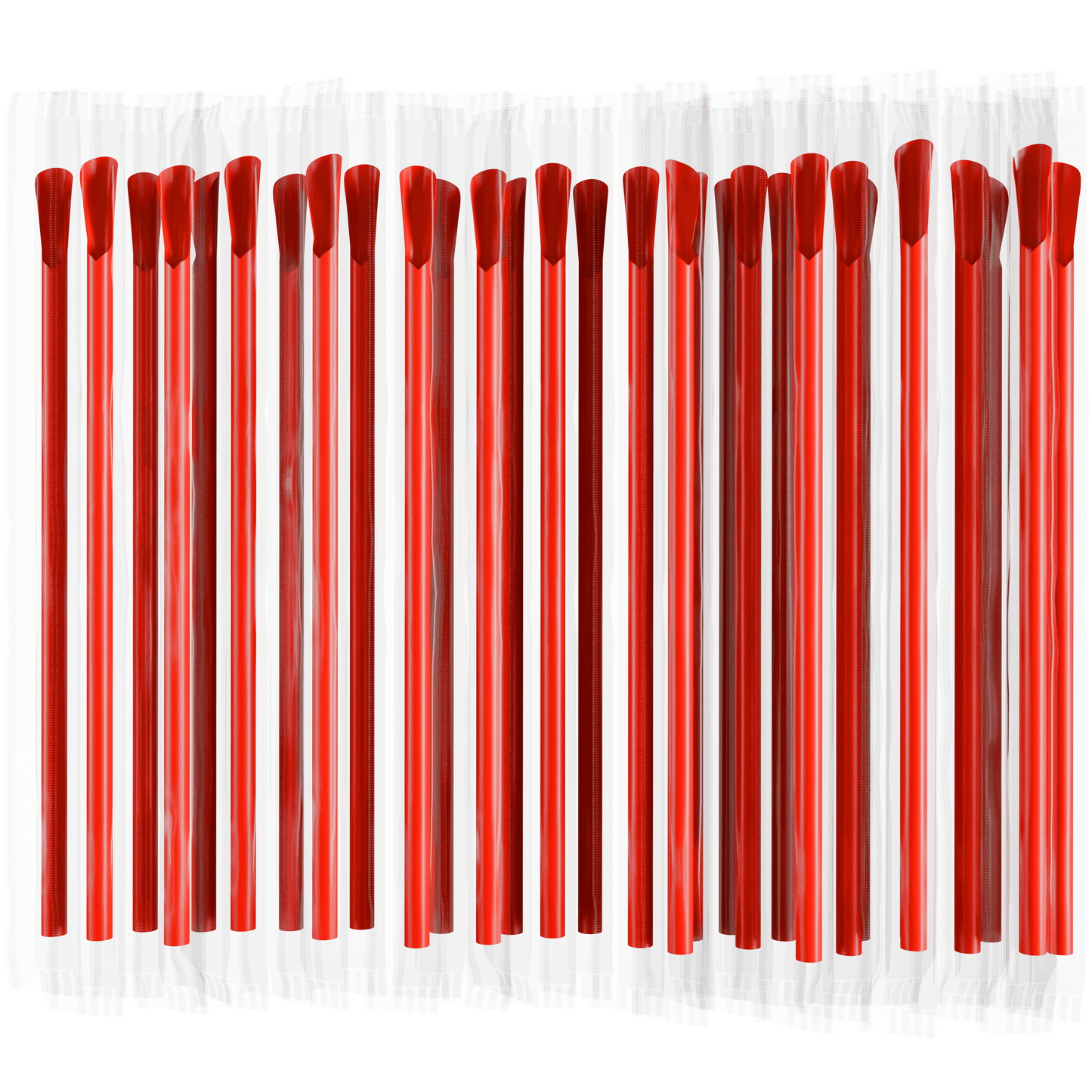 Red scoop straws with scoop ends, 8 inches long, individually wrapped, perfect for slushies and frozen drinks.