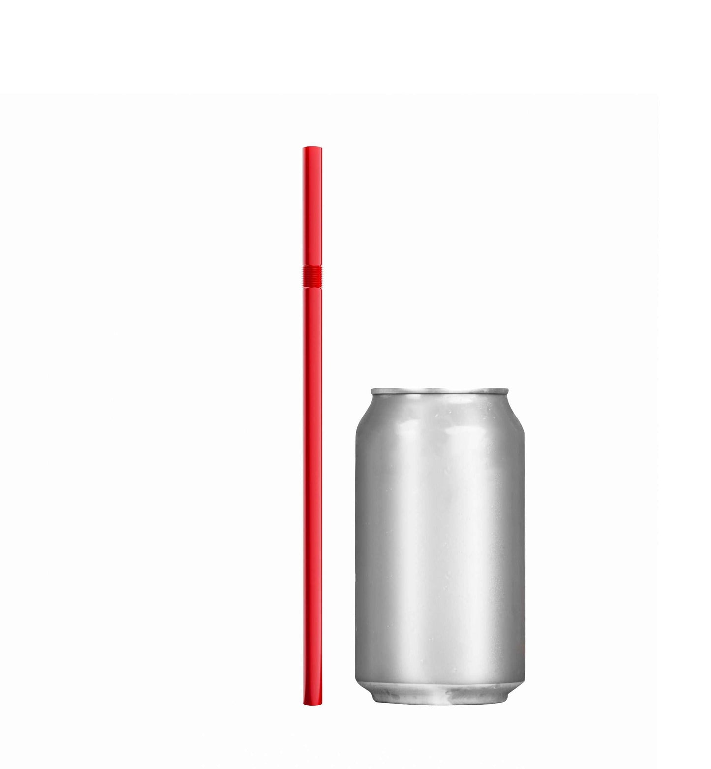 Paper wrapped plastic flexible red straw beside a silver soda can