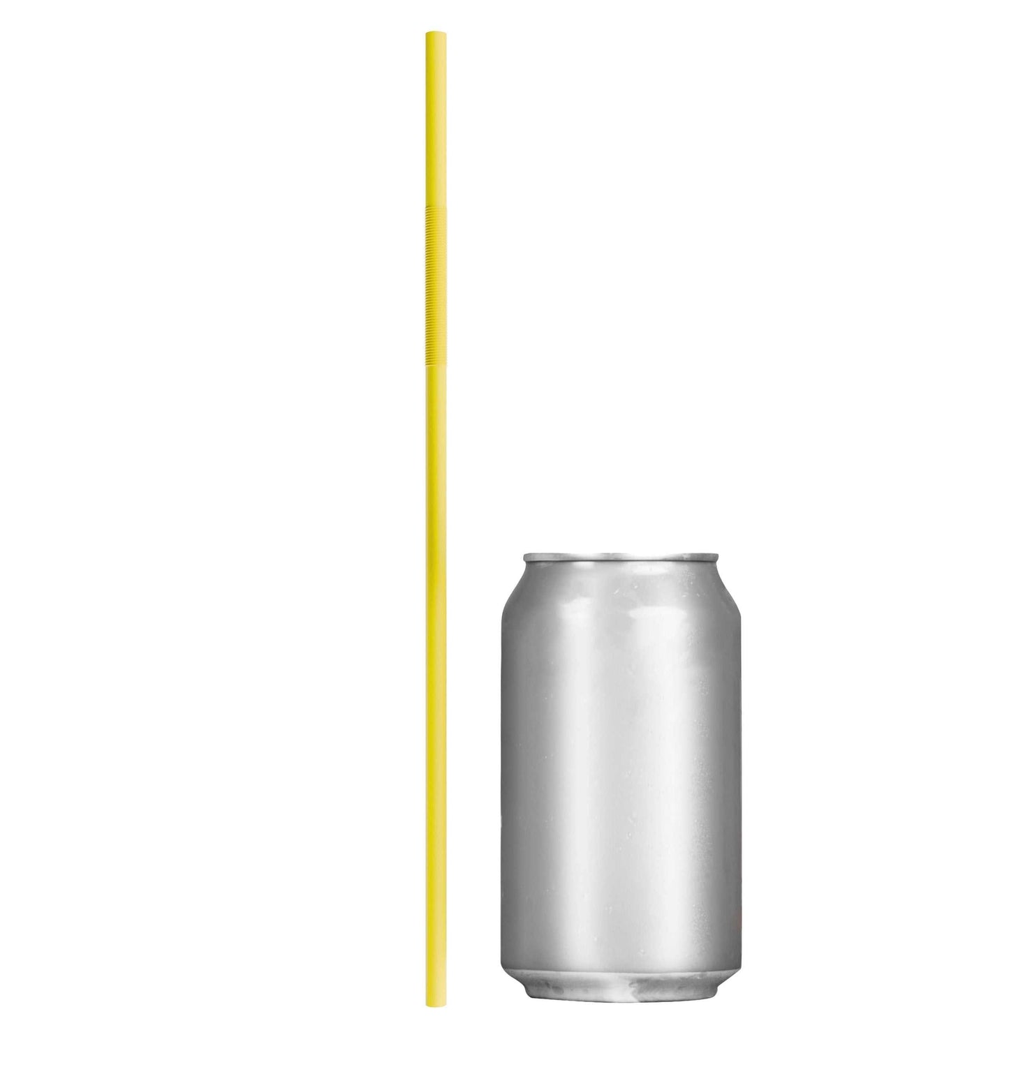 Yellow extra flexible art straw beside a silver soda can for size comparison