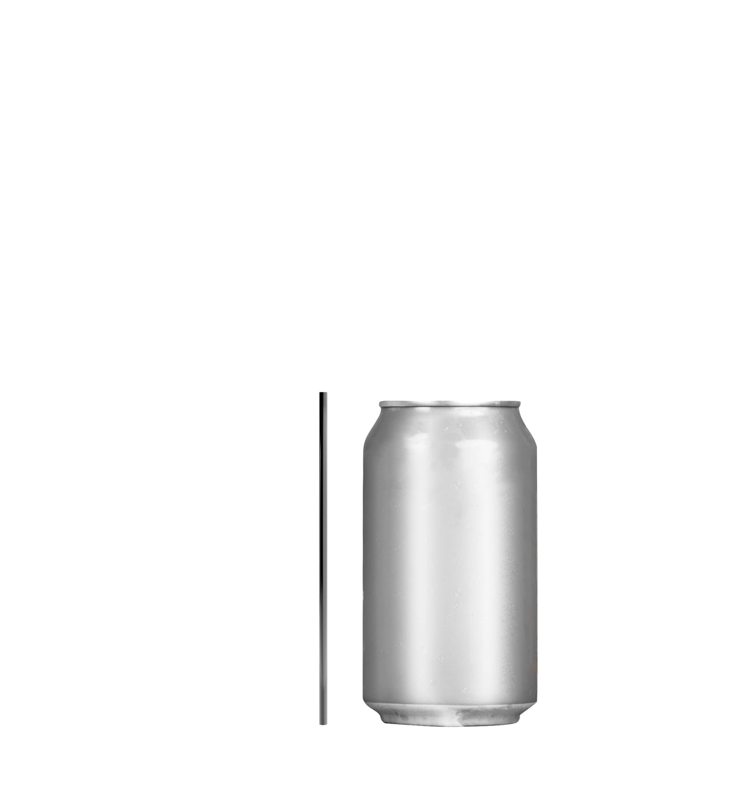 Film wrapped stirrer straw next to a silver beverage can on white background