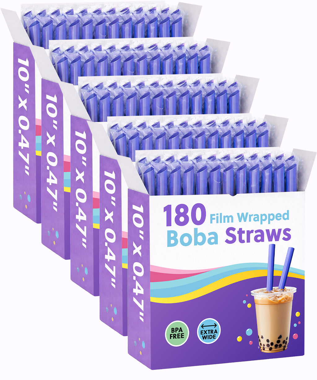 Bulk case of purple film wrapped boba straws showing multiple boxes of 180 count 10 inch extra wide BPA free for bubble tea