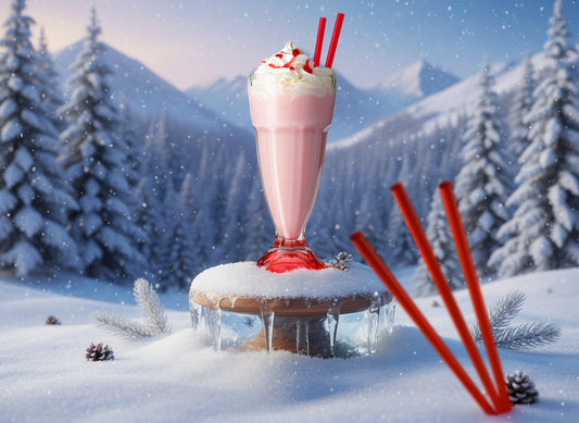 red film-wrapped milkshake straws with a pink milkshake in snowy winter setting