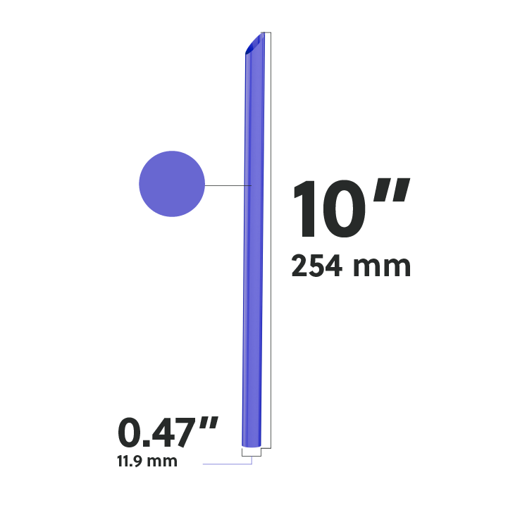 Purple film wrapped boba straw dimensions diagram showing 10 inch length and 0.47 inch wide bore