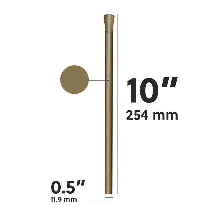Gold wide diameter spoon straw dimensions diagram showing 10 inch length and 0.5 inch width