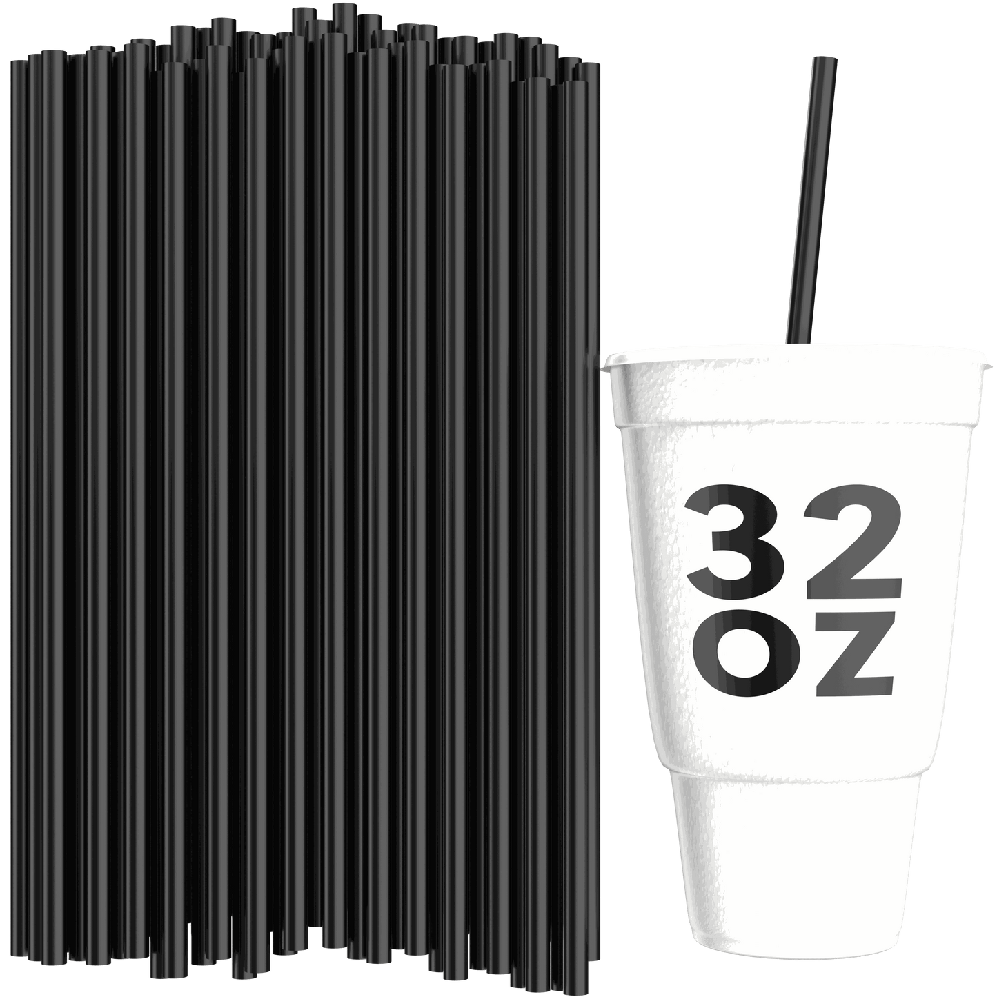 Unwrapped black 10-inch to-go straws ideal for 32 oz drink cups with a white cup labeled 32 oz