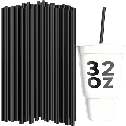 Unwrapped black 10-inch to-go straws ideal for 32 oz drink cups with a white cup labeled 32 oz