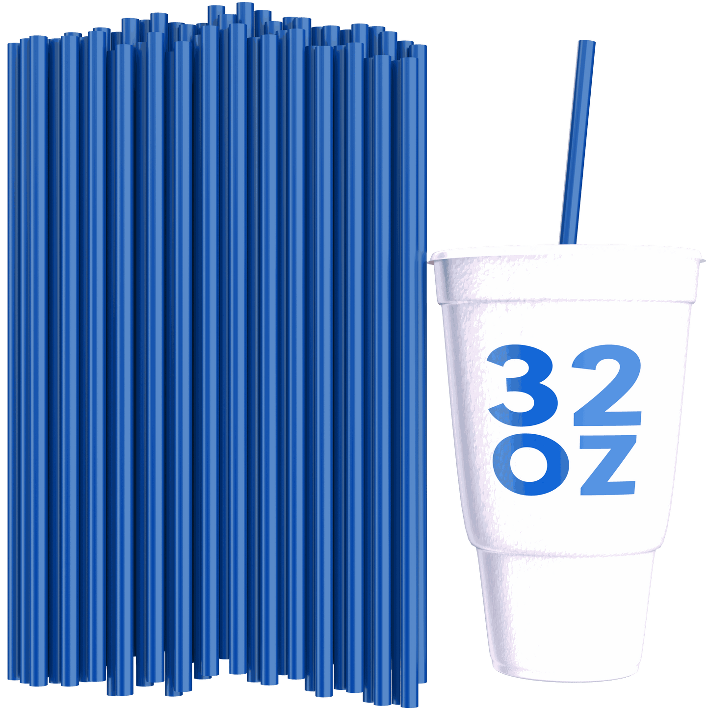 Unwrapped blue 10-inch straws for 32 oz to-go cups with matching 32 oz cup