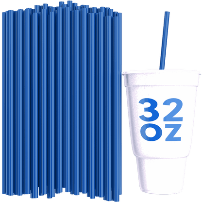 Unwrapped blue 10-inch straws for 32 oz to-go cups with matching 32 oz cup