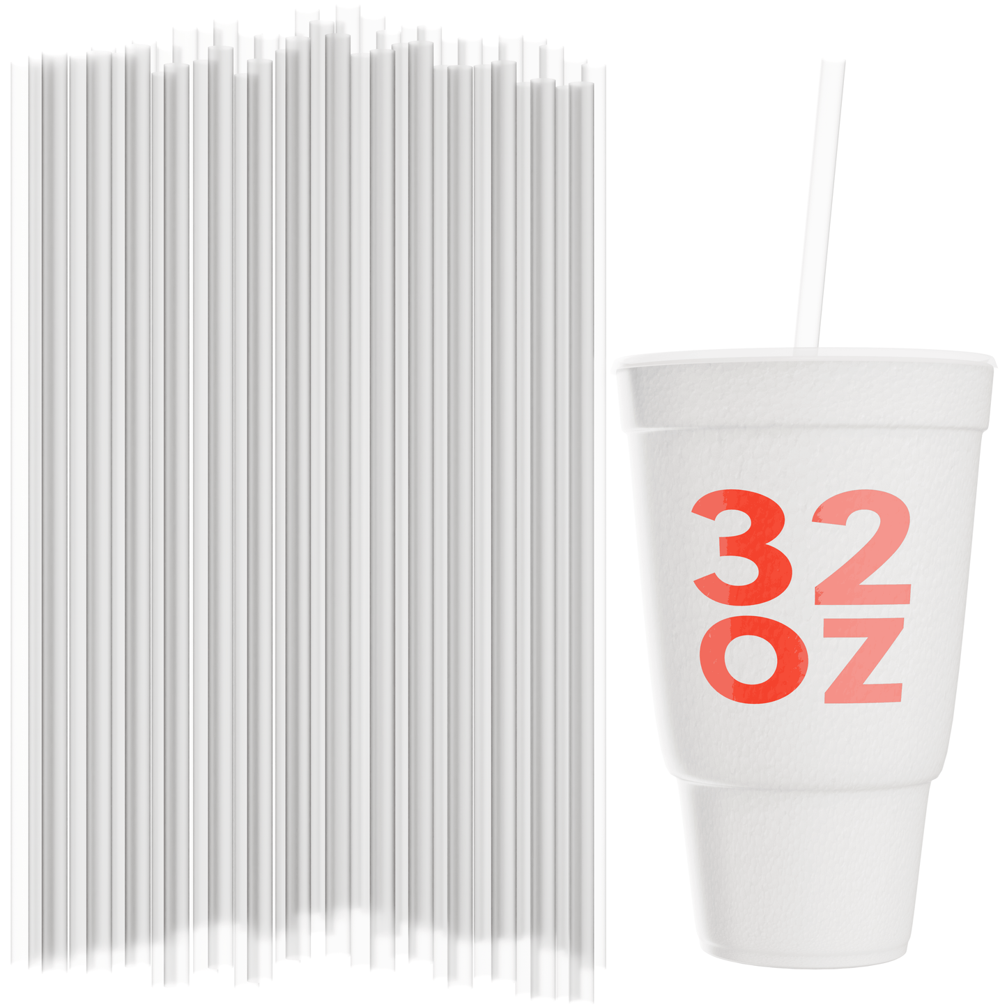 Unwrapped 32 oz to-go straws next to 32 oz drink cup