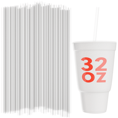 Unwrapped 32 oz to-go straws next to 32 oz drink cup