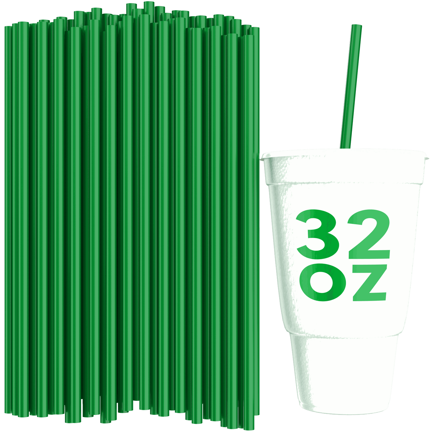 Unwrapped green 10-inch straws for 32 oz to-go cups