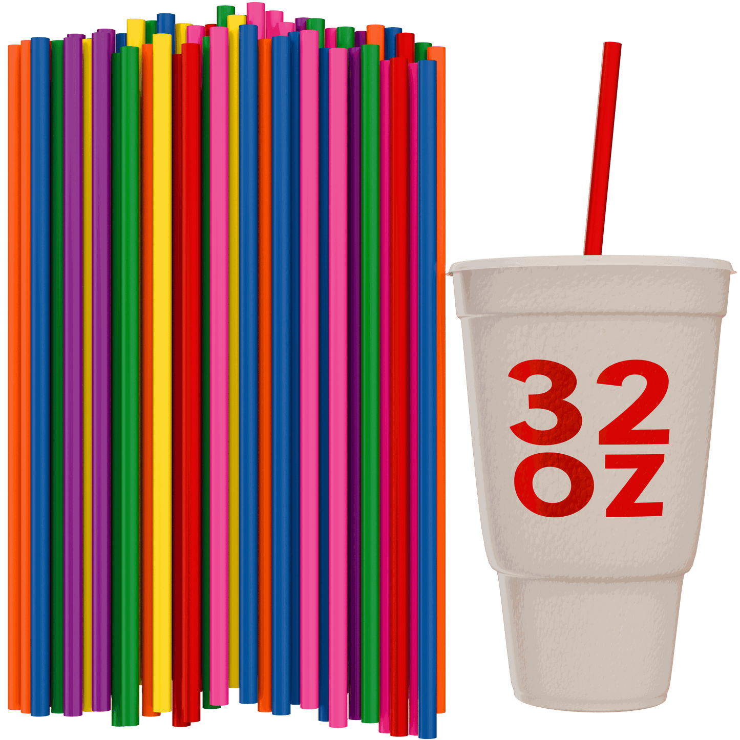 Unwrapped 32 oz to-go straws in assorted colors next to a 32 oz cup with red straw