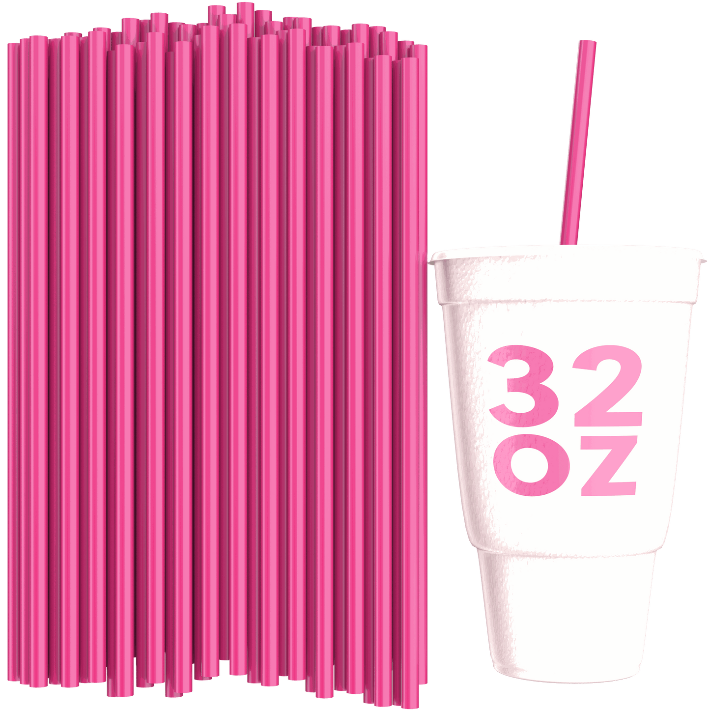 Unwrapped pink 32 oz to-go straws next to white 32 oz cup with pink straw