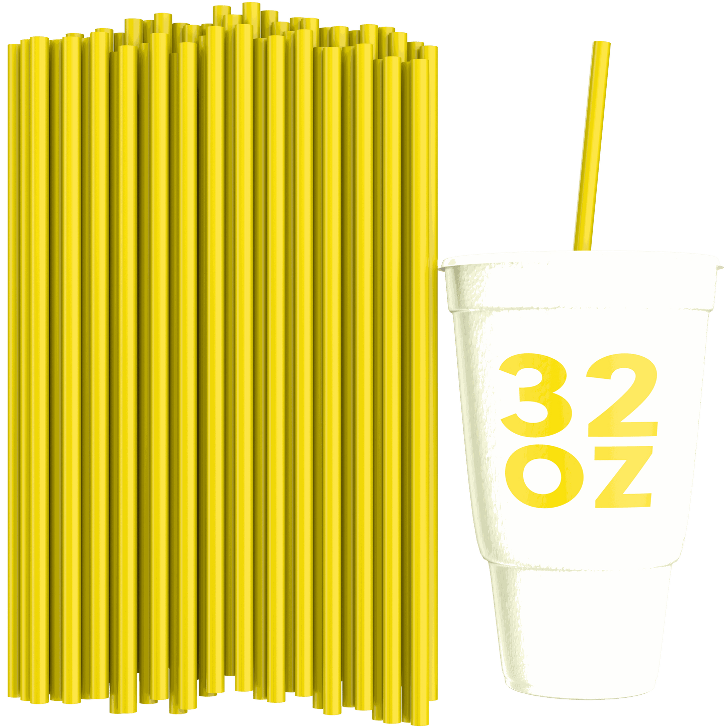 Unwrapped yellow 10-inch straws for 32 oz to-go cups with a matching yellow straw in a white 32 oz cup