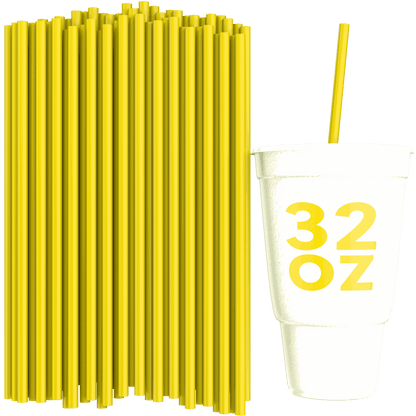 Unwrapped yellow 10-inch straws for 32 oz to-go cups with a matching yellow straw in a white 32 oz cup