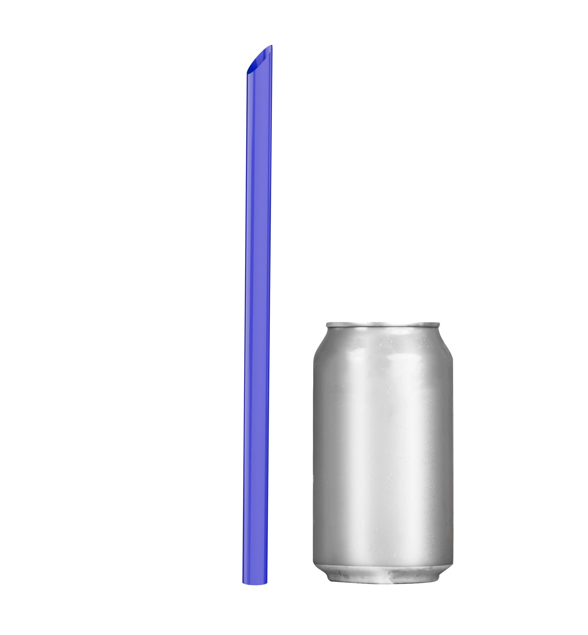 Single purple film wrapped boba straw 10 inch next to soda can for size comparison