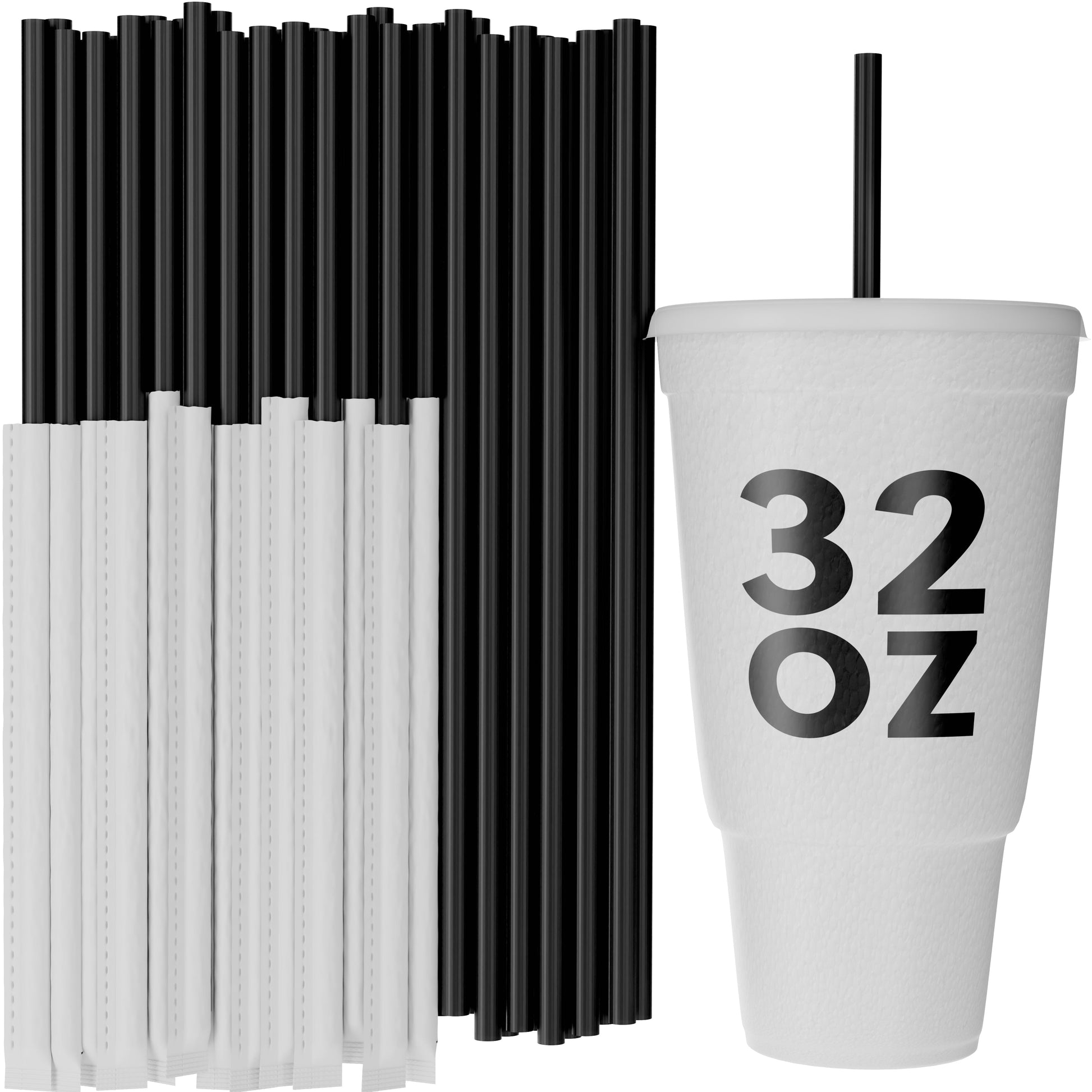 Black and white paper wrapped to-go straws with 32 oz white drink cup