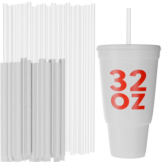 Paper Wrapped To-Go 10-inch individually wrapped straws with 32 oz drink cup for hygienic beverage service