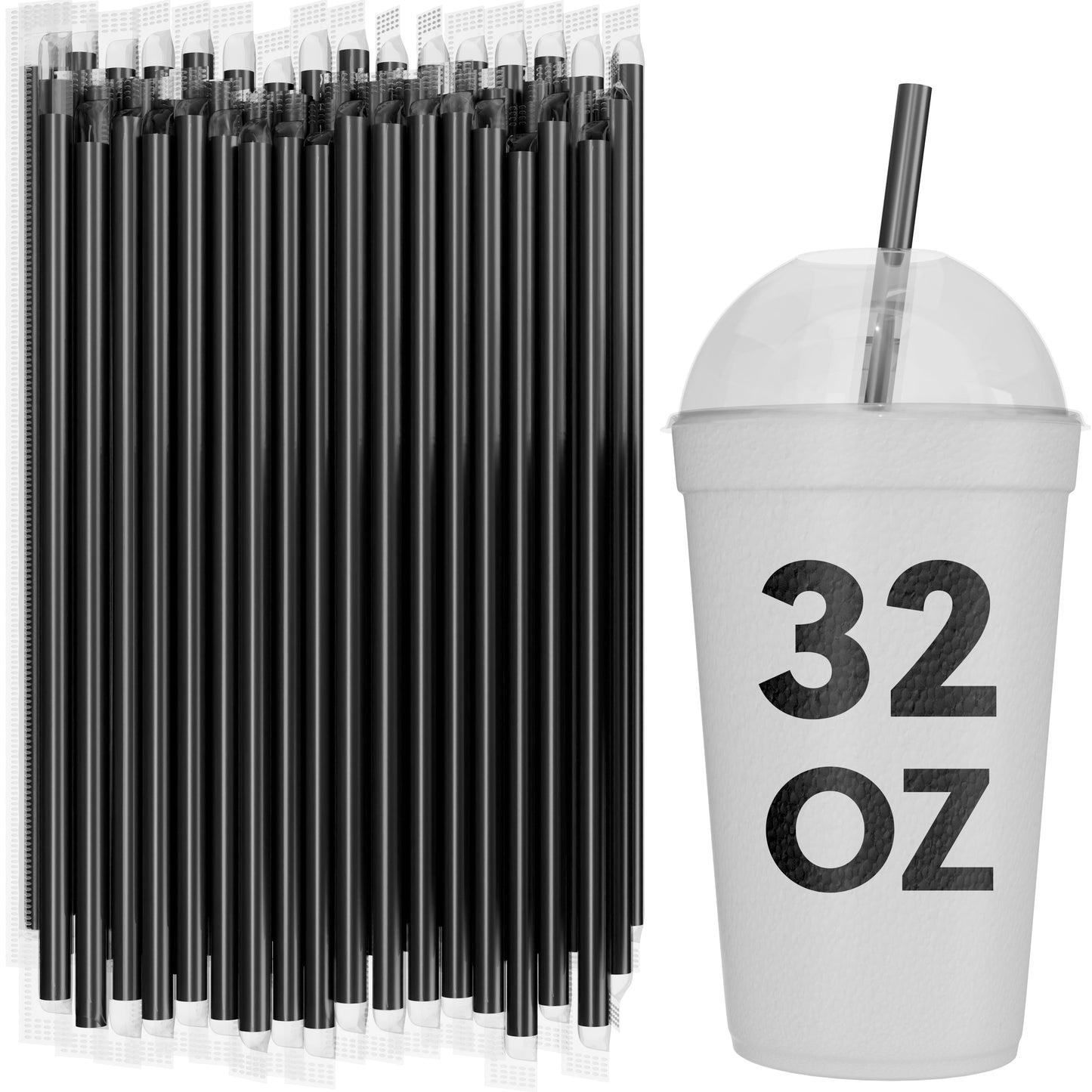 Bulk black film wrapped smoothie straws 10 inch with 32 oz to-go cup for milkshakes and thick drinks